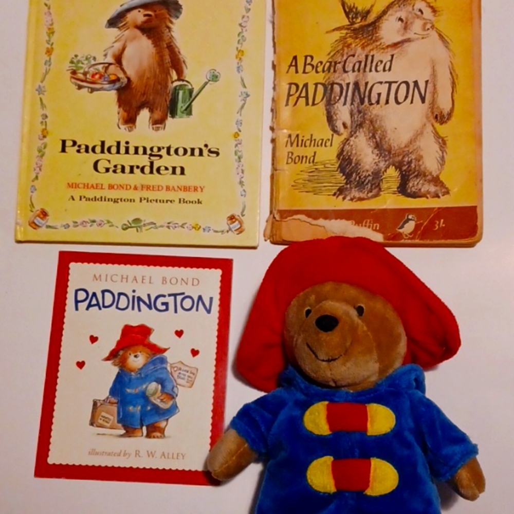 Paddington bear about 8" and 3 Paddington books vintage
